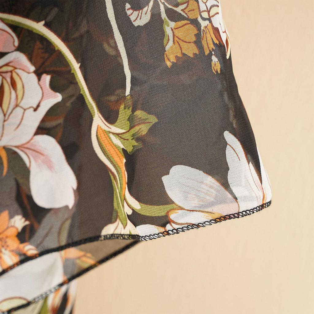 Beach Swimwear Cover Up Chiffon One Size Black Tassel Floral Print Swim Cover Up for Water Park Vacation