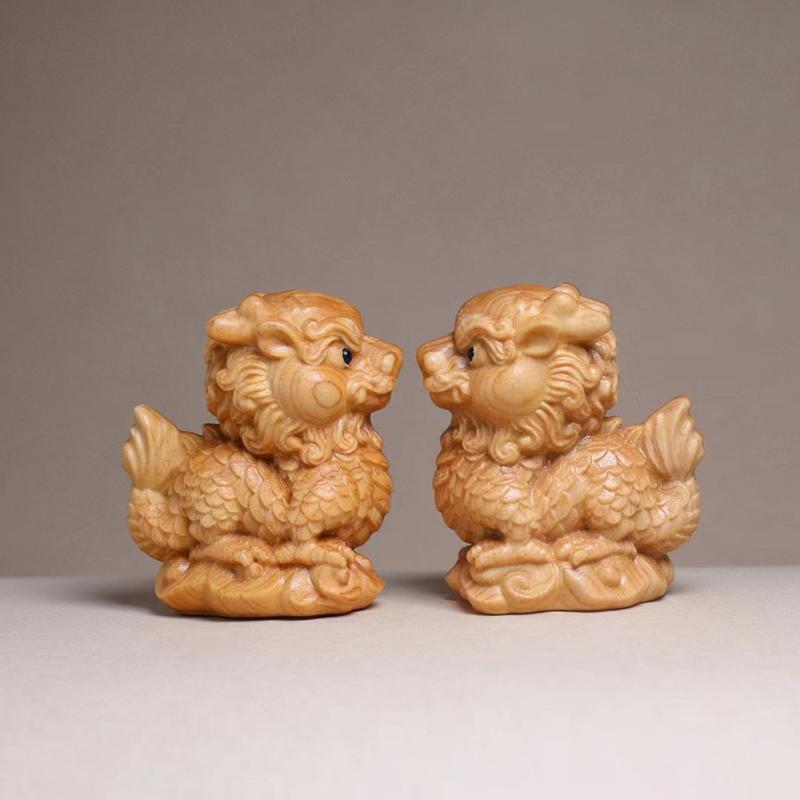 Natural Cypress Kirin Mascot Mini Statues Chinese Mythical Beasts Cute Home, Room, Office, Flower Pot Decoration Accessories