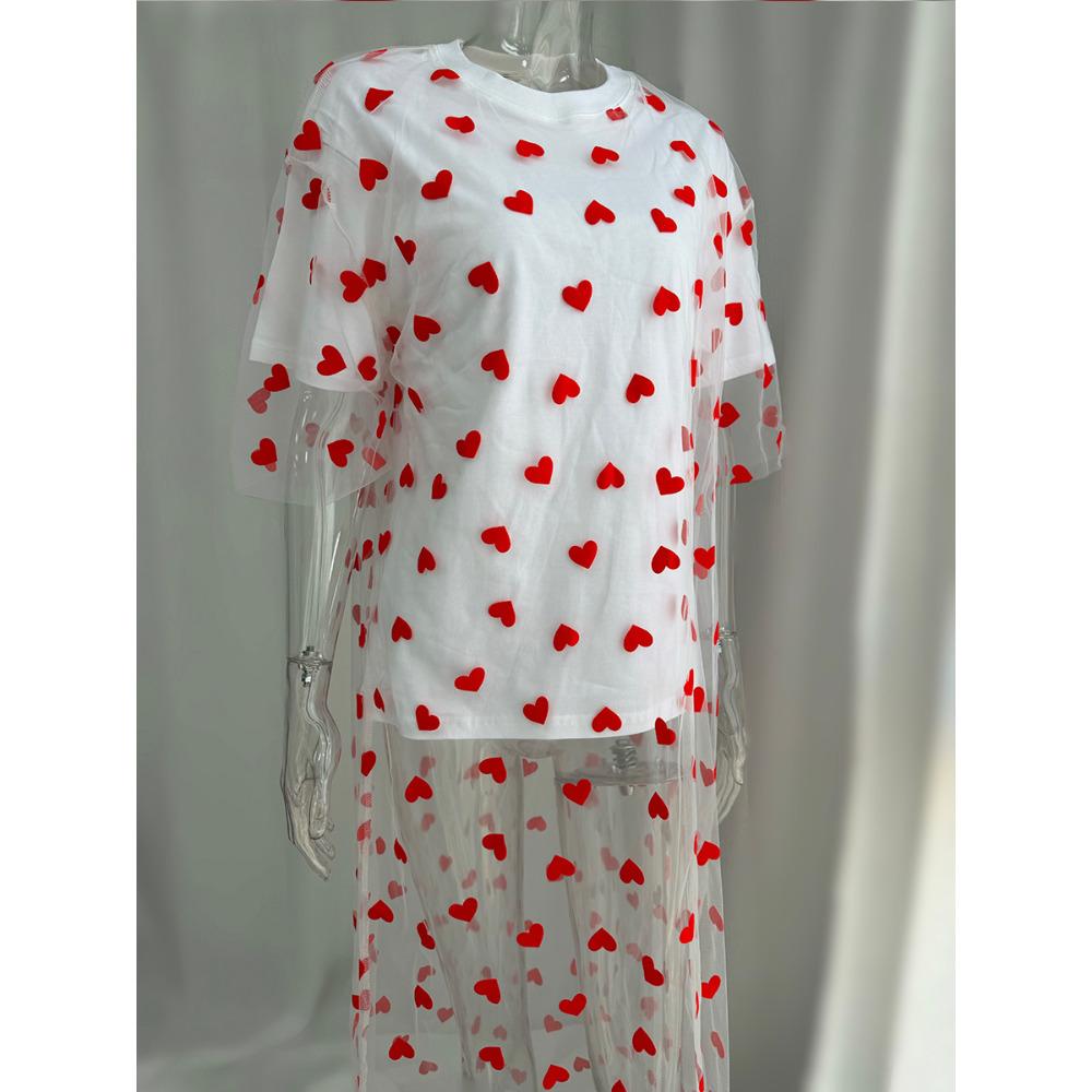 Hirsionsan Heart Mesh Patchwork Vintage Long T Shirt Dress Streetwear Aesthetic Chic Dresses Women Casual Cotton Short Sleeve Clothes Y2k