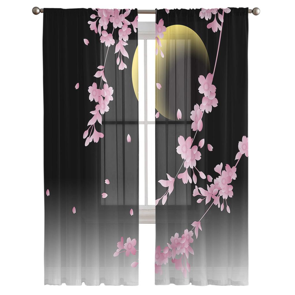 Japanese Cherry Blossom Moon Minimalist Sheer Curtains For Living Room Bedroom Kitchen Tulle Curtain For Windows Voile Drapes