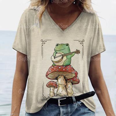 Летняя женская футболка с v-образным вырезом и короткими рукавами, одежда, топ с 3D принтом и музыкальной лягушкой, пуловер, женская свободная рубашка 2024
