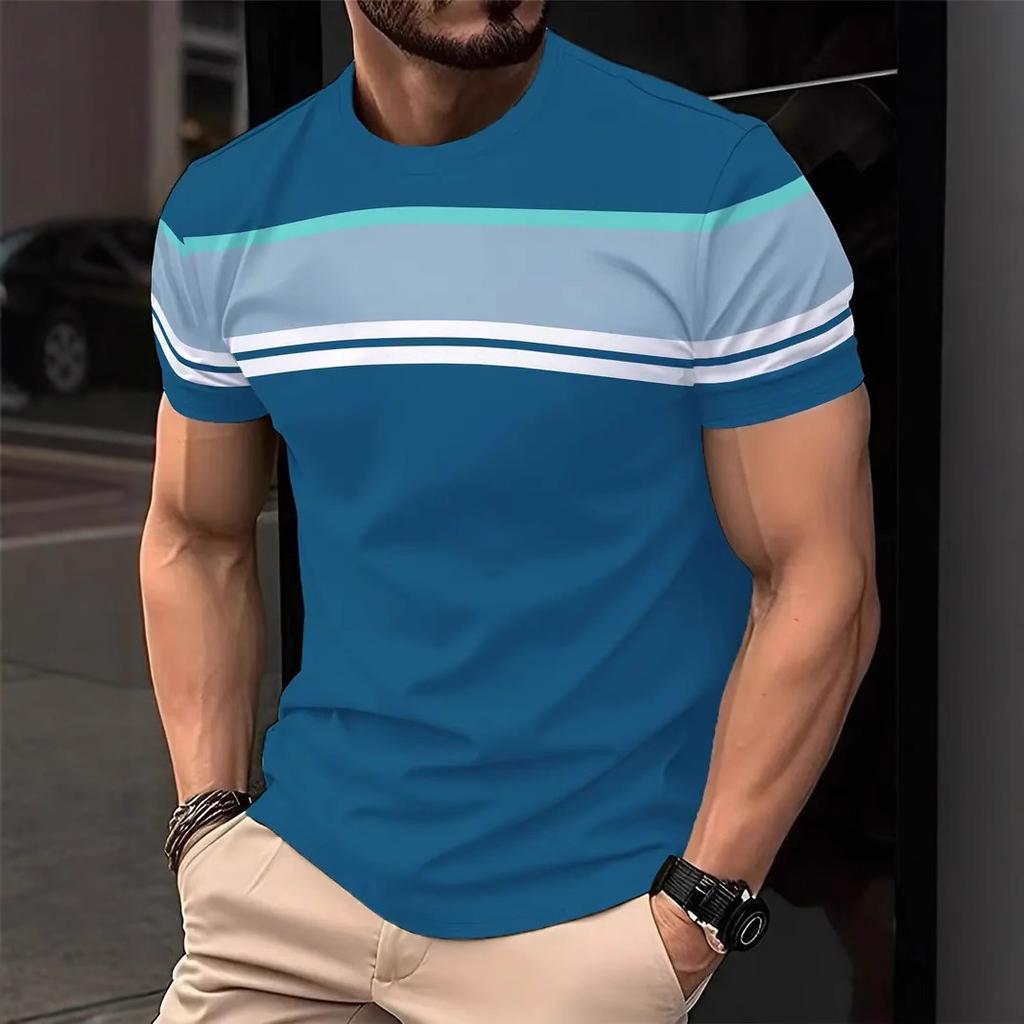 Summer Round Neck Color - Block Striped 3D Print Top Fashionable Casual Short Sleeved Men's T-shirts