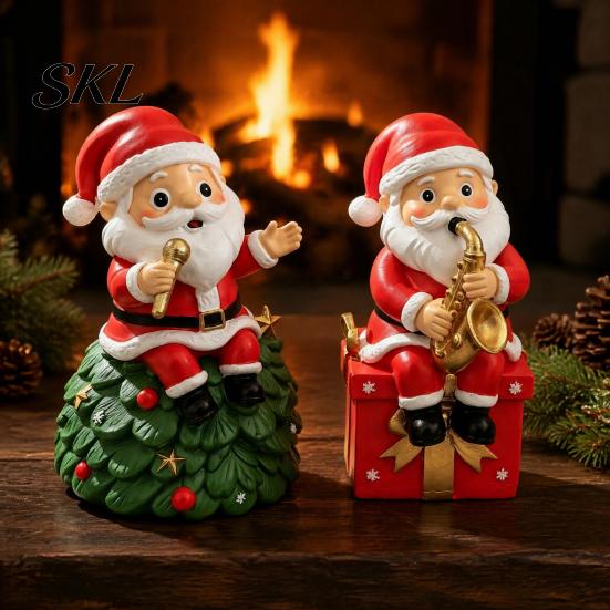 Sitting Santa Desktop Decoration Christmas Singing Claus Figurine,Cartoon Saxophone Resin Cartoon Sculpture Statue, Festive Xmas Decor
