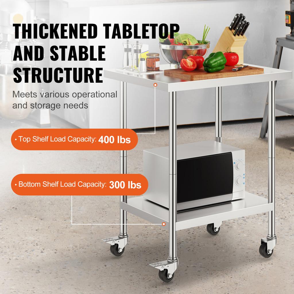 SucceBuy Stainless Steel Work Table with Wheels 3 Adjustable Height Levels Heavy Duty Food Prep Worktable for Commercial Kitchen