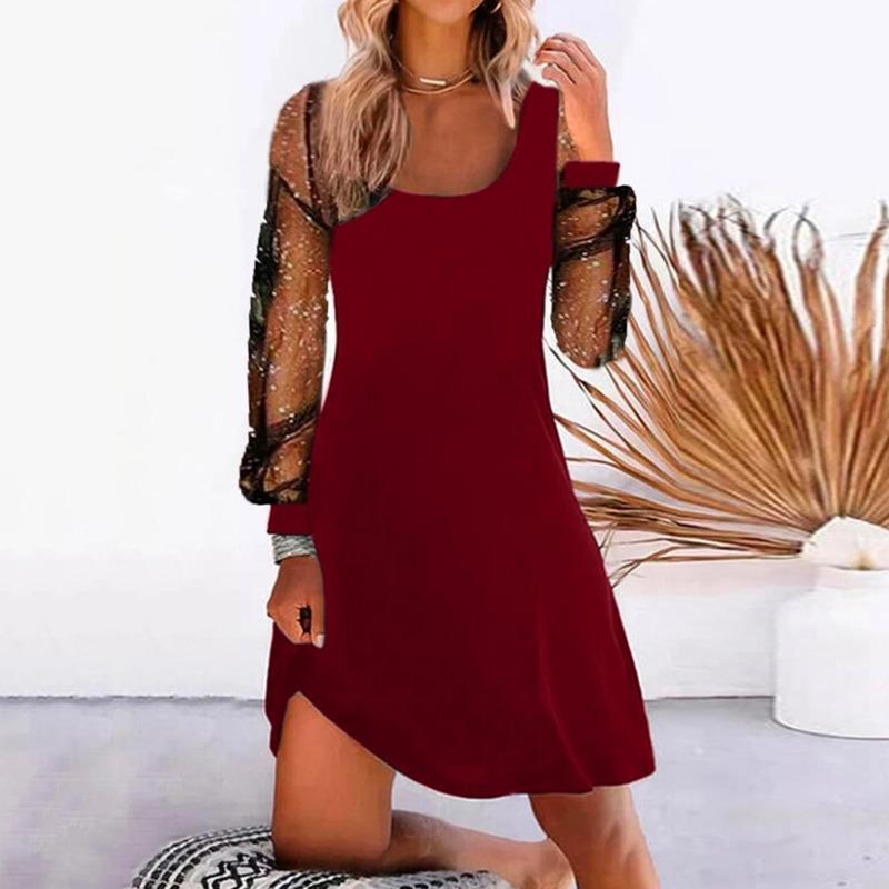 GMXIA Spring/Summer Women's Season Fashion Solid Colour Mesh Splicing Dresses