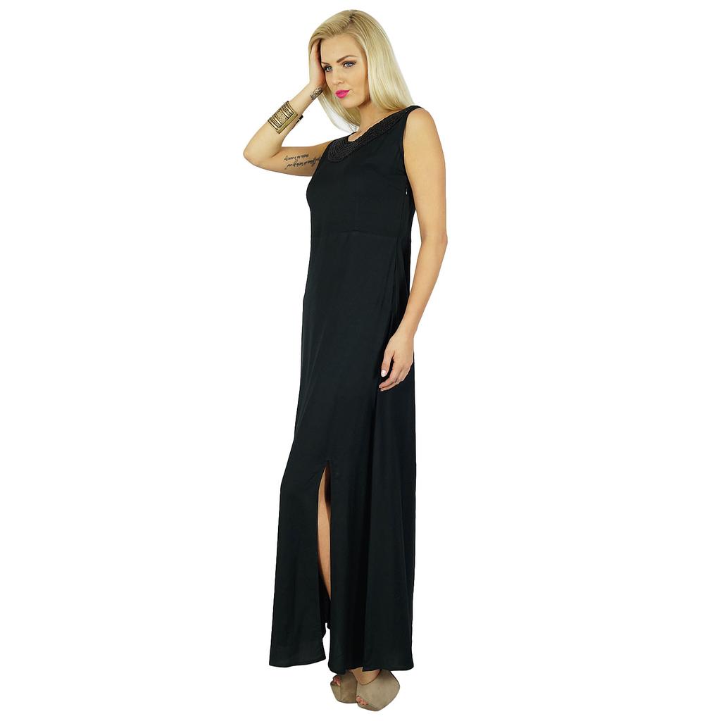 Bimba Women Black Maxi Dress Beaded Neck Sleeveless Gown & Front Slits