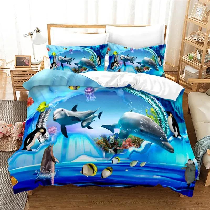 Kids Cartoon Ocean Fish Duvet Cover Microfiber Marine Theme Bedding Set Sea Underwater World Quilt Cover Queen For Boys Girls