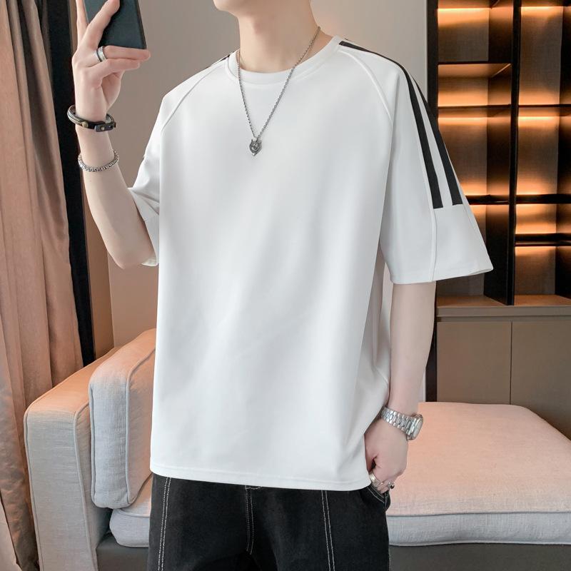 Полосатая мужская футболка с короткими рукавами, простая и свободная футболка, плечи спущены, рукава пять с половиной, размер плюс