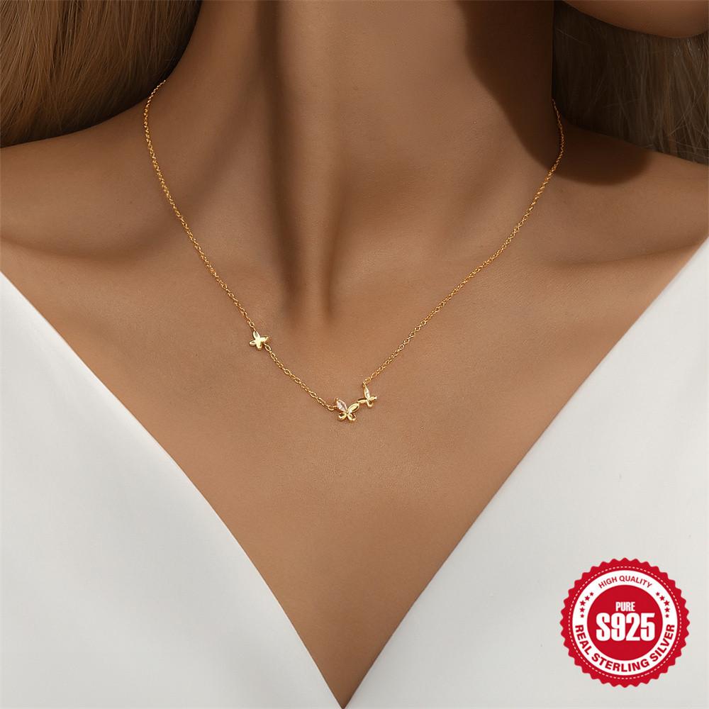 S925 Sterling Silver Stylish And Simple Glossy Butterfly Diamond-Set Design Sense Does Not Collide With The Versatile Collarbone Chain Necklace