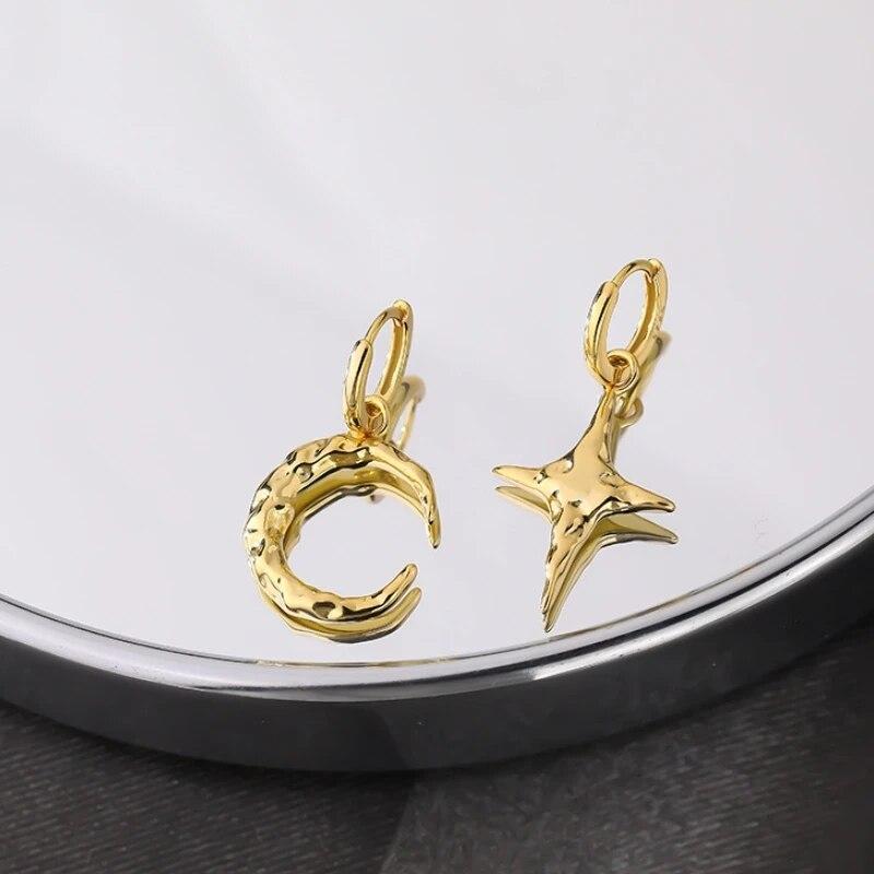 ANENJERY Асимметричные серьги-кольца с лунной звездой для женщин, складные серьги-капли, ювелирные изделия, подарки на вечеринку