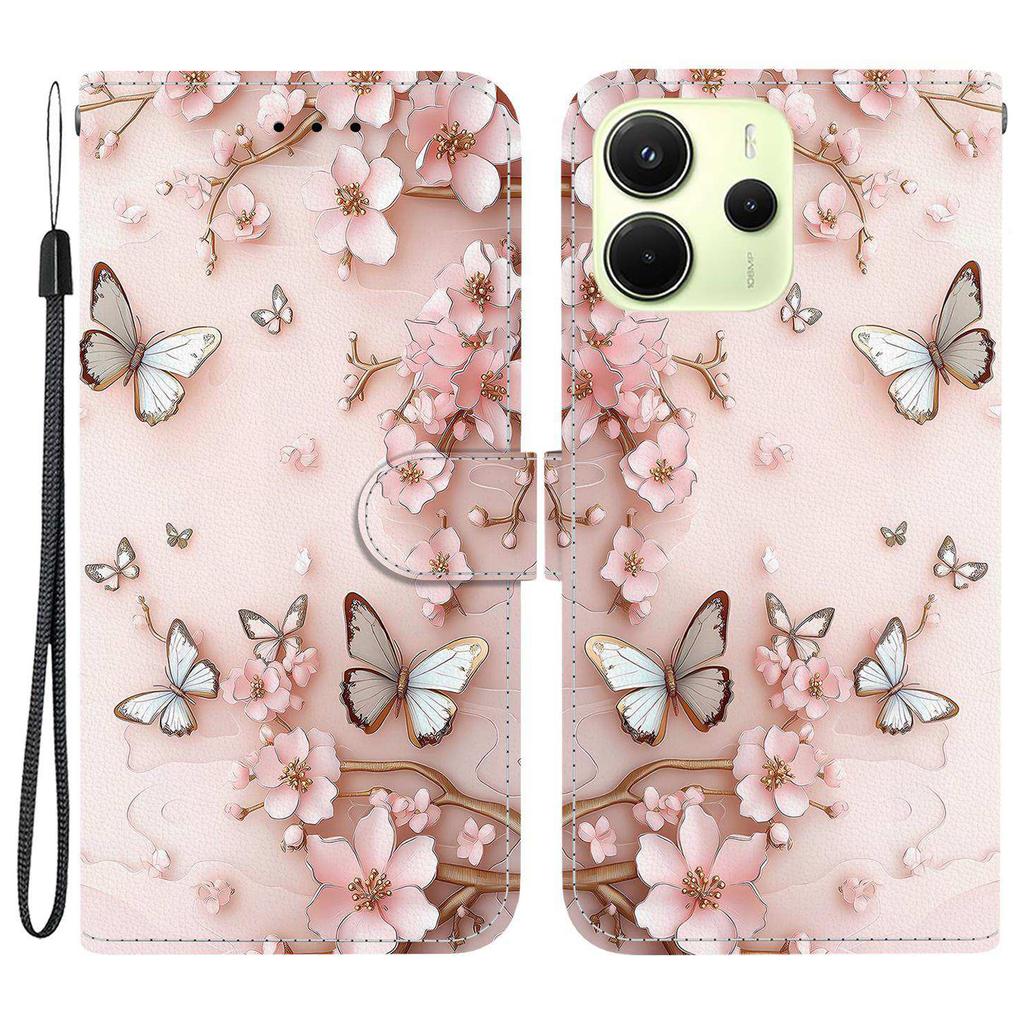 Для Xiaomi Redmi Note 14 4G (164,84мм) Кожаный чехол-кошелек с принтом, подставка, чехол для телефона с ремешком