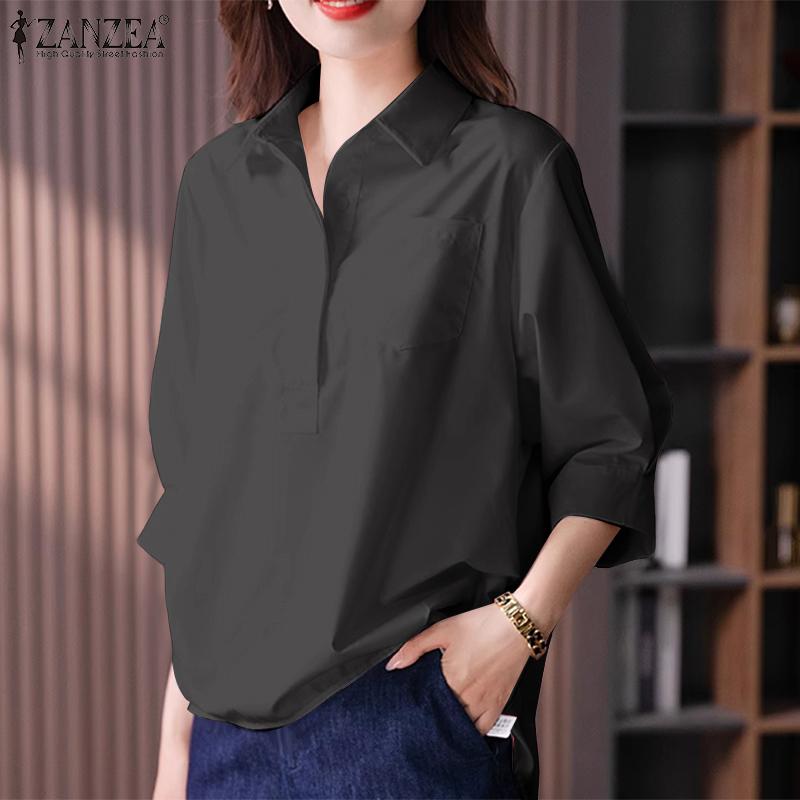 ZANZEA Women Turn Down Collar Loose Casual 3/4 Sleeve Plain Blouse
