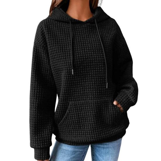 Осень-зима, женская однотонная толстовка с накладным карманом, цветная, свободная, на шнурке, с капюшоном, большая, толстая, теплая, с длинным рукавом, вафельная