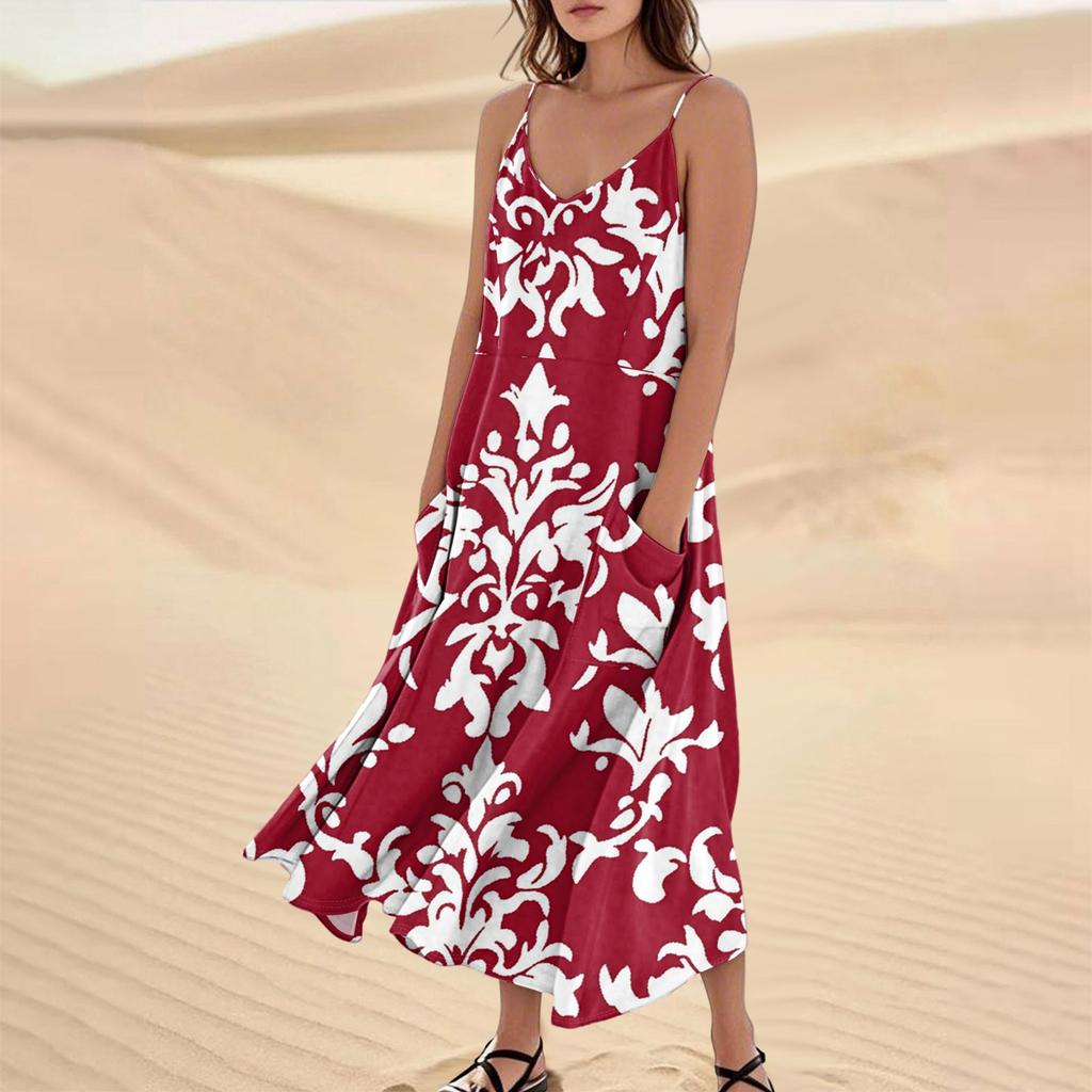 Женское модное повседневное длинное пляжное платье без рукавов с карманом и цветочным принтом