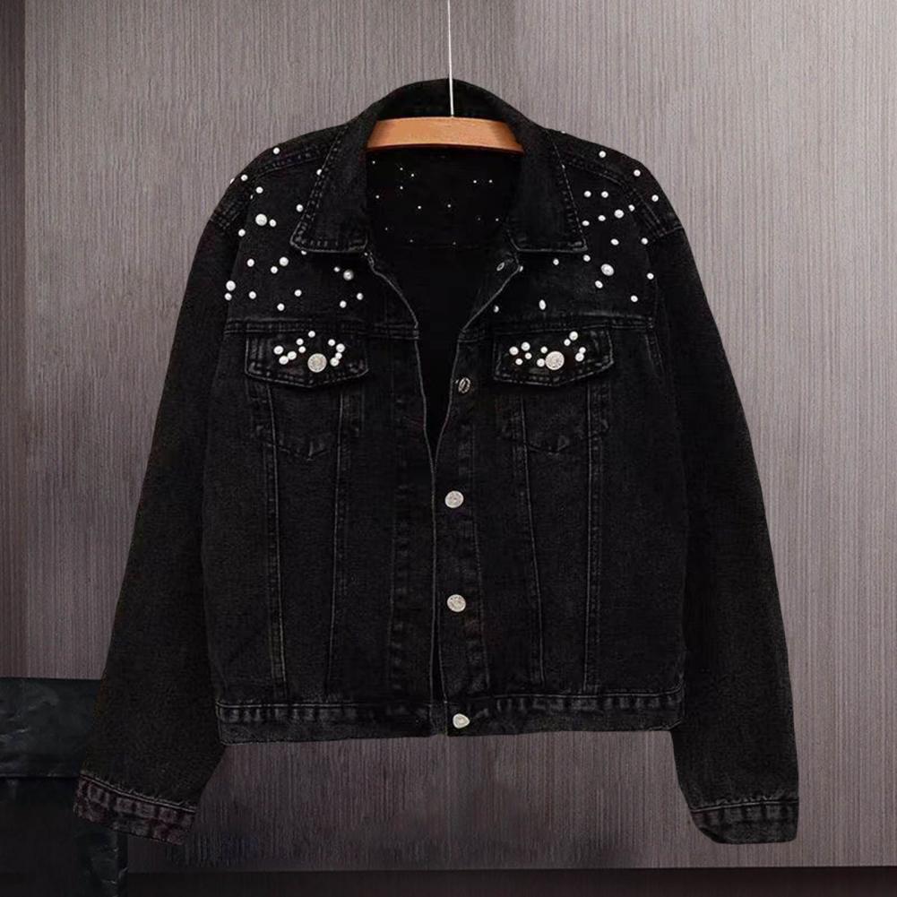Female Jacket Stylish Winter Female's Denim Coat with Bead Decor Plus Size Long Sleeves Turn-down Collar Casual Streetwear Jac Practical Use