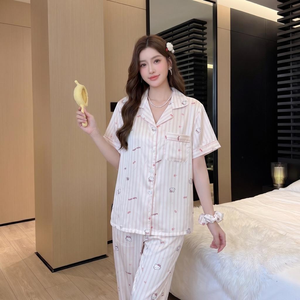 Summer new girl student cartoon striped printed pajamas cute ice silk thin short-sleeved loungewear two-piece set