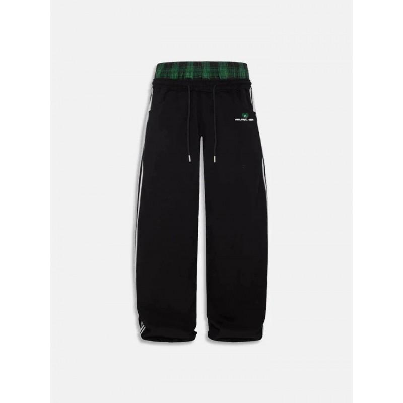 Double Waistband Distressed Loose Sweatpants Streetwear Plaid Patchwork Drawstring Wide Leg Trousers
