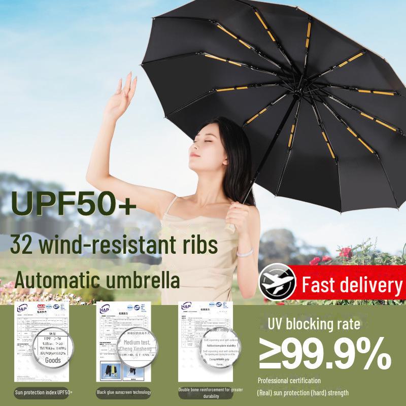 Автоматический складной зонт с двумя килями, 72 кости, женский, ветроустойчивый, солнцезащитный козырек двойного назначения, защита от УФ-излучения, подходит для использования в солнечную и дождливую погоду.