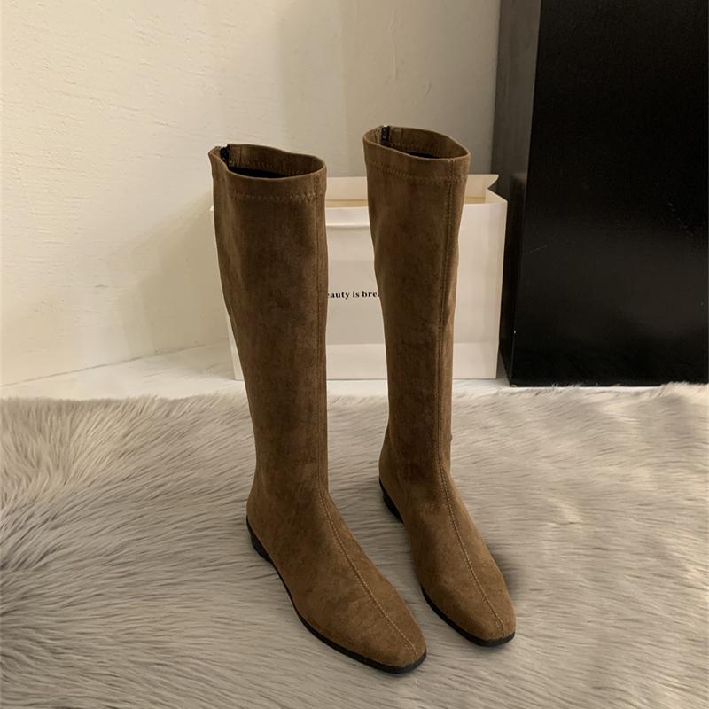 Зимние винтажные облегающие женские сапоги до колена, дизайнерские туфли на толстом каблуке, современные длинные боты для женщин