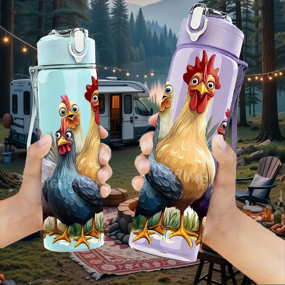 1PC Multicolored Farm Chicken Rooster Group 750ml Color Plastic Water Bottle Leakproof Flip Straw Lid For Sports Office Home Use