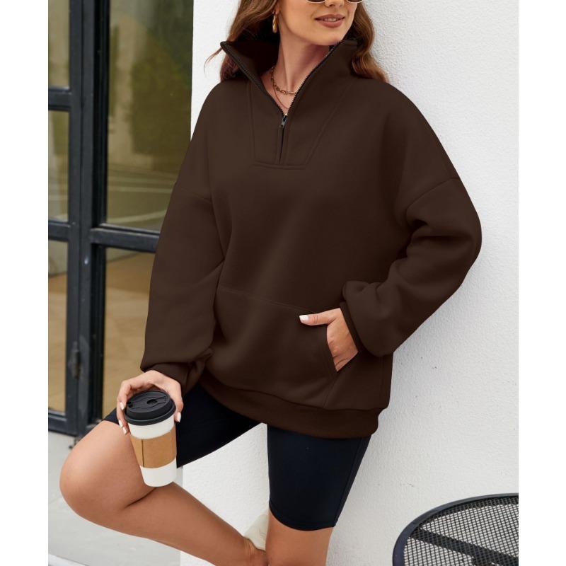 Осенне-зимняя однотонная женская свободная толстовка с воротником-стойкой на молнии