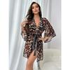 Leopard Kimono Belt Bath Robe Bridesmaid Wedding Party Long Sleeve Lingerie Sexy Nightwear Nesh Women's Sleepwear
