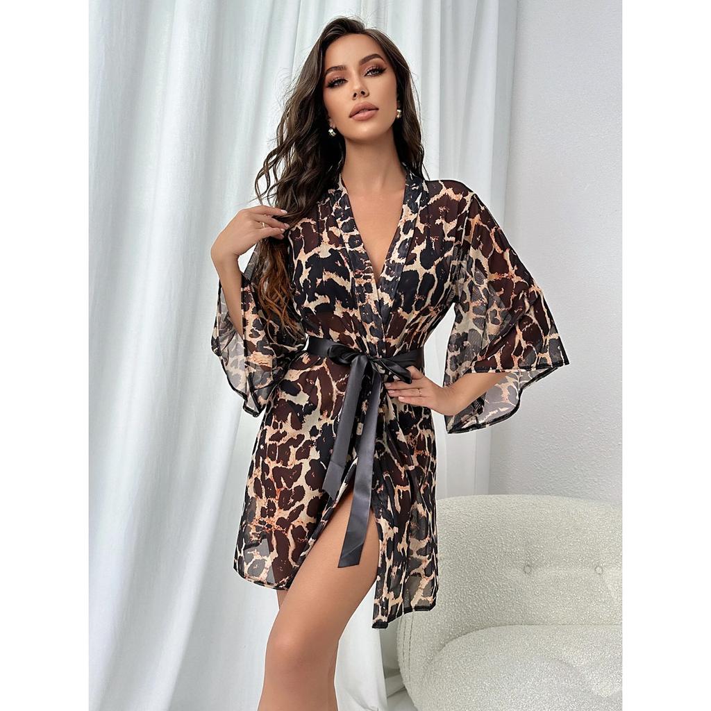 Leopard Kimono Belt Bath Robe Bridesmaid Wedding Party Long Sleeve Lingerie Sexy Nightwear Nesh Women's Sleepwear