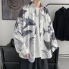 Spring Summer Men Shirt Shark Print Single-breasted Turn-down Collar Long Sleeve Loose Mid Length Streetwear Vacation Men Top