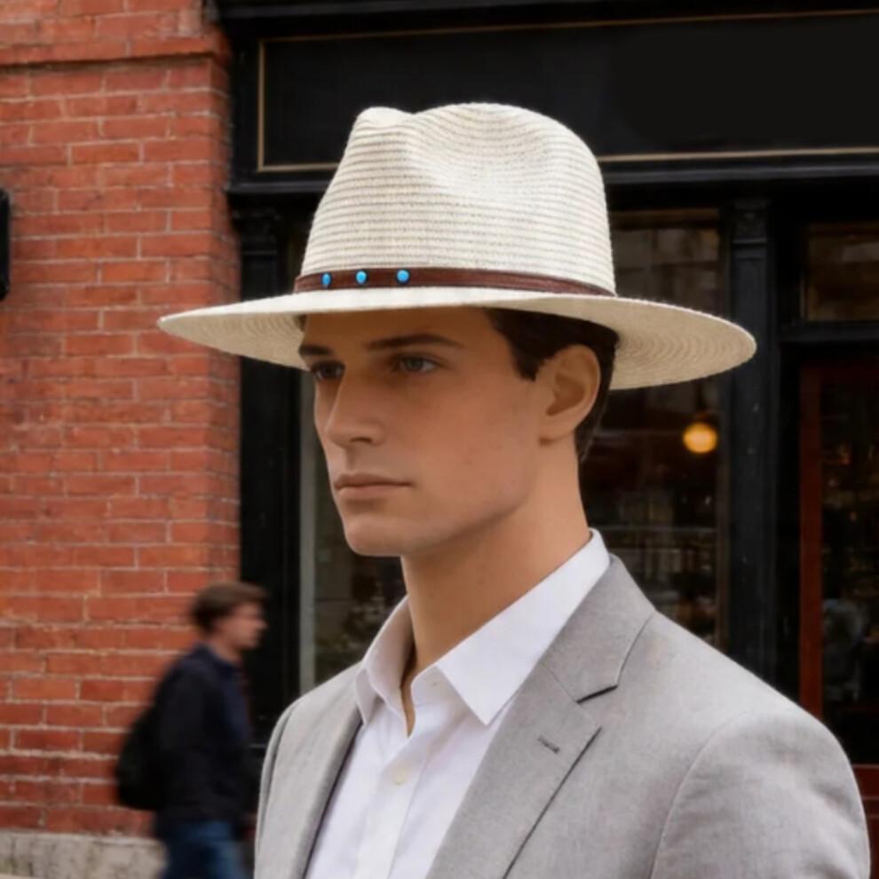 (One Size, White) Men Straw Panama Hat, Wide Brim Sun Hat Lightweight Summer Top Hat for Outdoor Beach