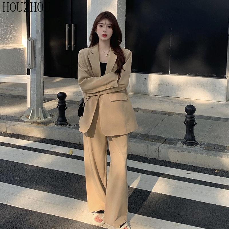 HOUZHOU Базовые костюмы женские винтажные элегантные офисные деловые корейские свободные зеленые брюки с высокой талией и широкими штанинами