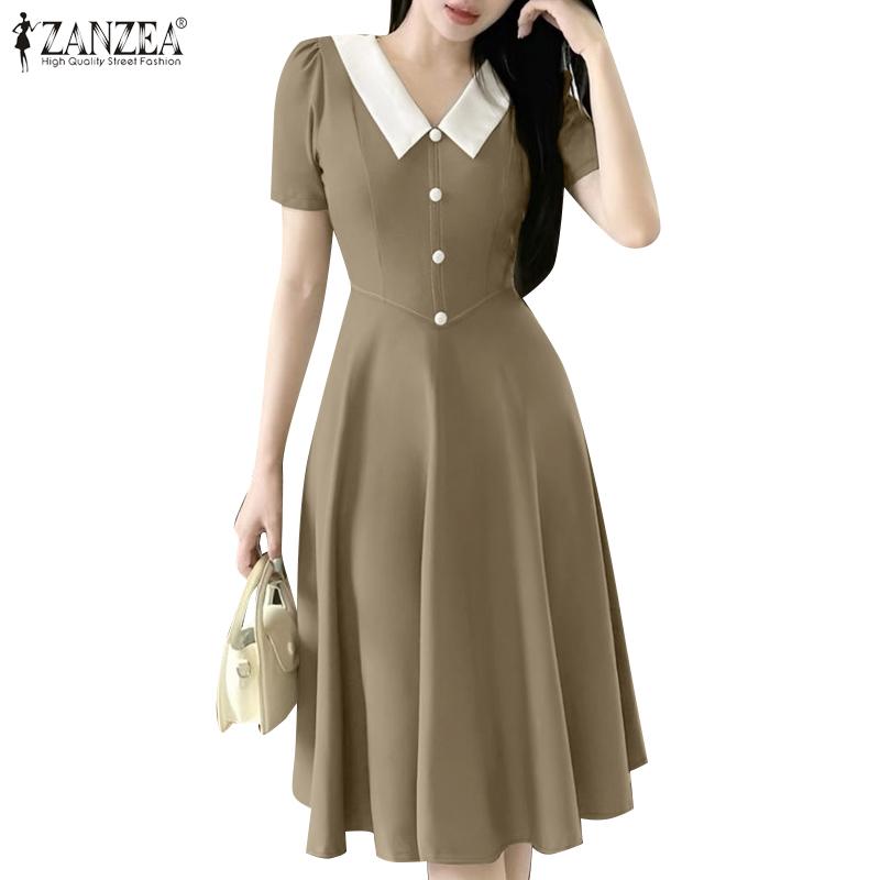 ZANZEA Женское летнее повседневное платье в стиле пэчворк с V-образным вырезом и коротким рукавом