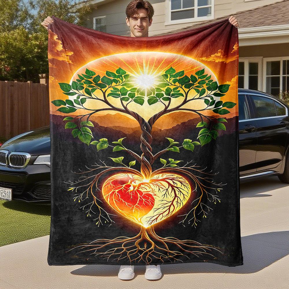 1pc Tree Heart Outdoor Flannel Blanket Soft Warm All-Season Throw for Sofa Bed Car Camping Office, Cozy Gift Idea1133S