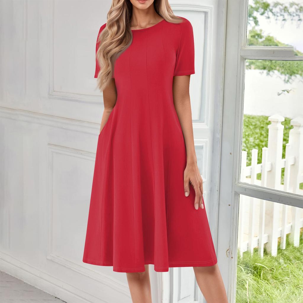 Женское повседневное и модное платье с круглым вырезом и коротким рукавом, однотонное, средней длины