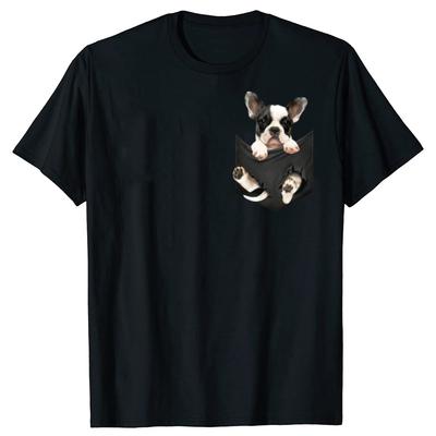 Смешные футболки с щенком бостонского терьера в кармане, хлопковая уличная одежда с коротким рукавом, подарки на день рождения, летняя футболка, мужская одежда