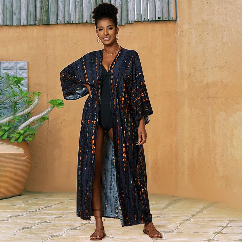 EDOLYNSA Накидки на бикини, длинная туника, сексуальное платье-кимоно, богемное платье в полоску с галстуком-красителем, женская пляжная одежда больших размеров, купальный костюм, накидка Q1314