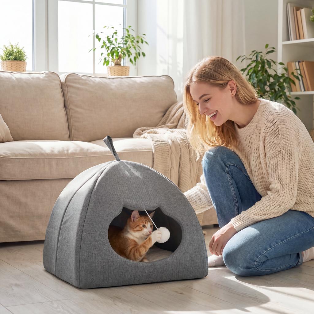 Cat Cave Bed for Indoor Kittens, Cat House with Removable Cushion and Teaser Ball, Kitty Igloo with Anti-Slip Base, 42 x 42 x 39 cm, Grey