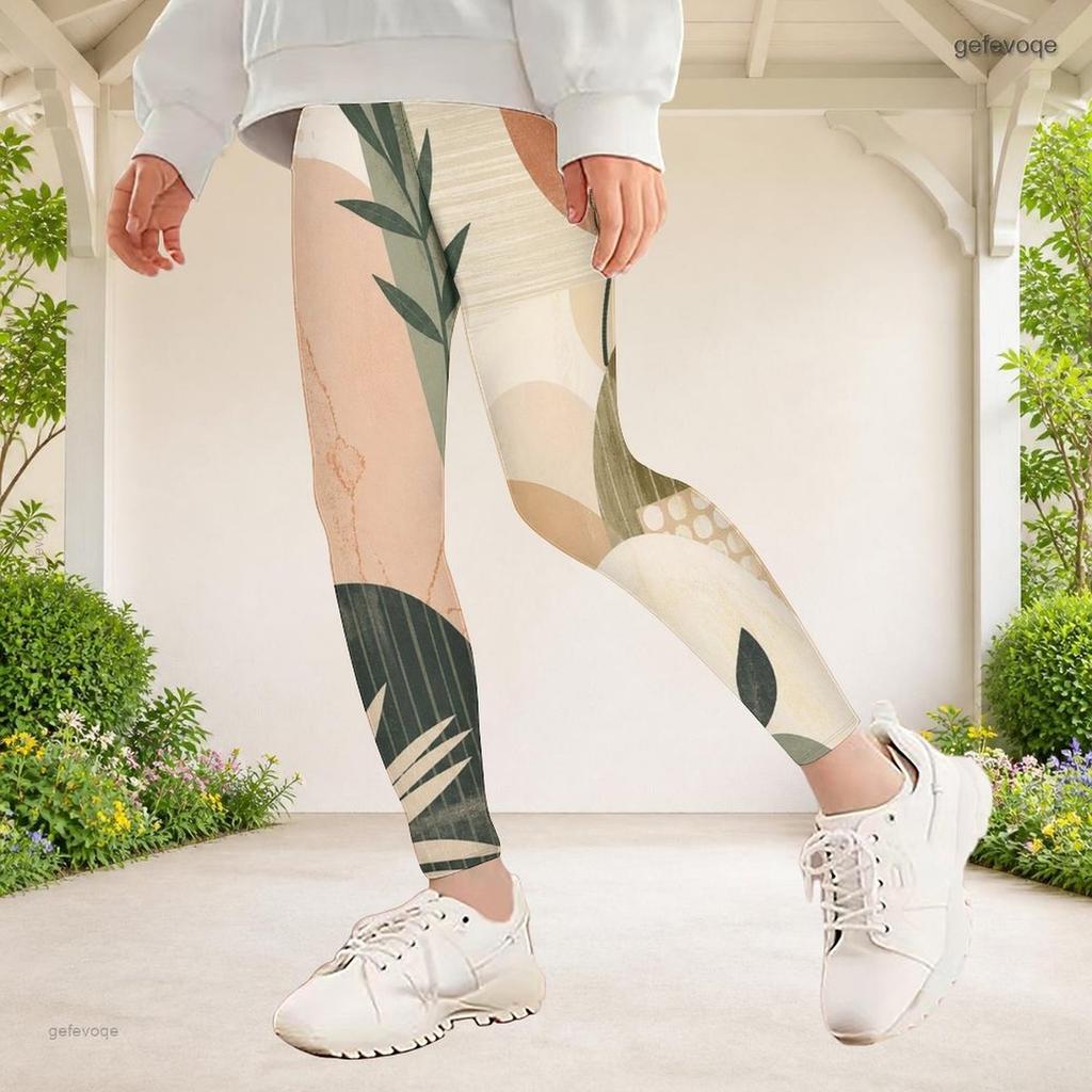 Girls Full Length Geometric Floral Printed Fitted Stretch Waist Yoga Leggings