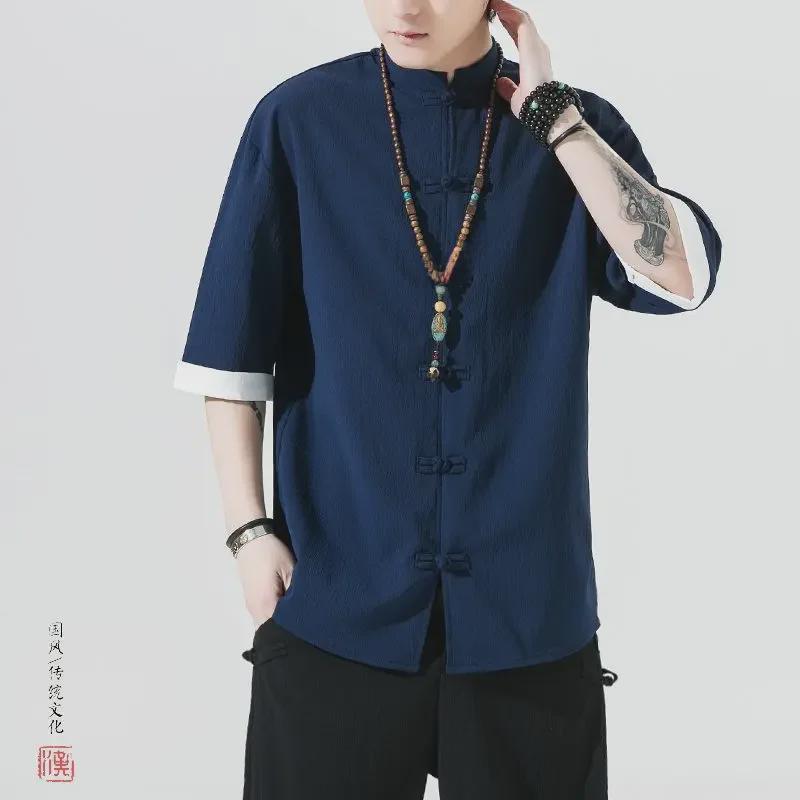 Мужская летняя рубашка из льна с коротким рукавом в стиле Тан - Топ в древнекитайском стиле Ханьфу