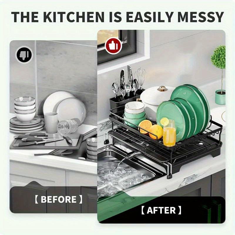 1 шт. Расширяемая сушилка для посуды, одноуровневая сушилка для посуды на столешницу с поддоном для сушки и держателем для посуды, для кухонных столешниц, кухонный органайзер