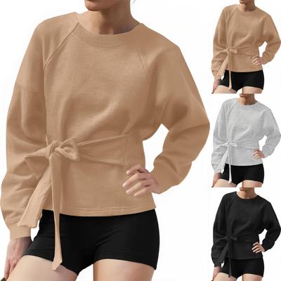 Женская однотонная повседневная спортивная рубашка-пуловер с длинными рукавами и круглым вырезом, с поясом-бантом