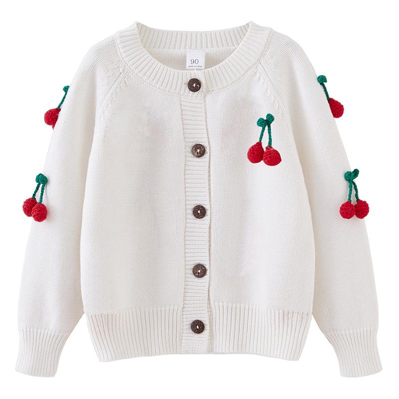 Весенне-осенний кардиган Cherry для девочек, вязаный хлопковый детский свитер с круглым вырезом