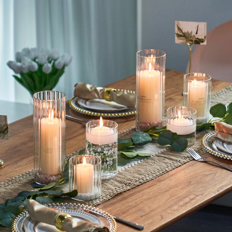 Ребристый цилиндрический стеклянный подсвечник для домашнего декора, стеклянная ваза, плавающая свеча, свадебные украшения, подсвечник для чайных свечей