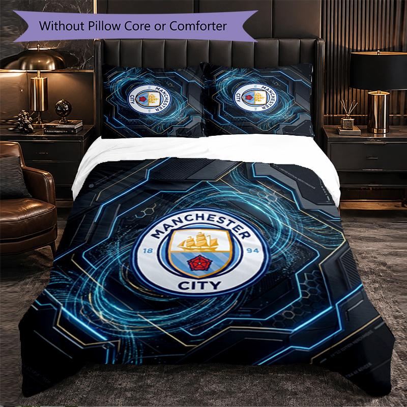Manchester City Pattern 3 Pieces Bedding Set Soft Microfiber Duvet Cover with Pillow Cases for Bedroom