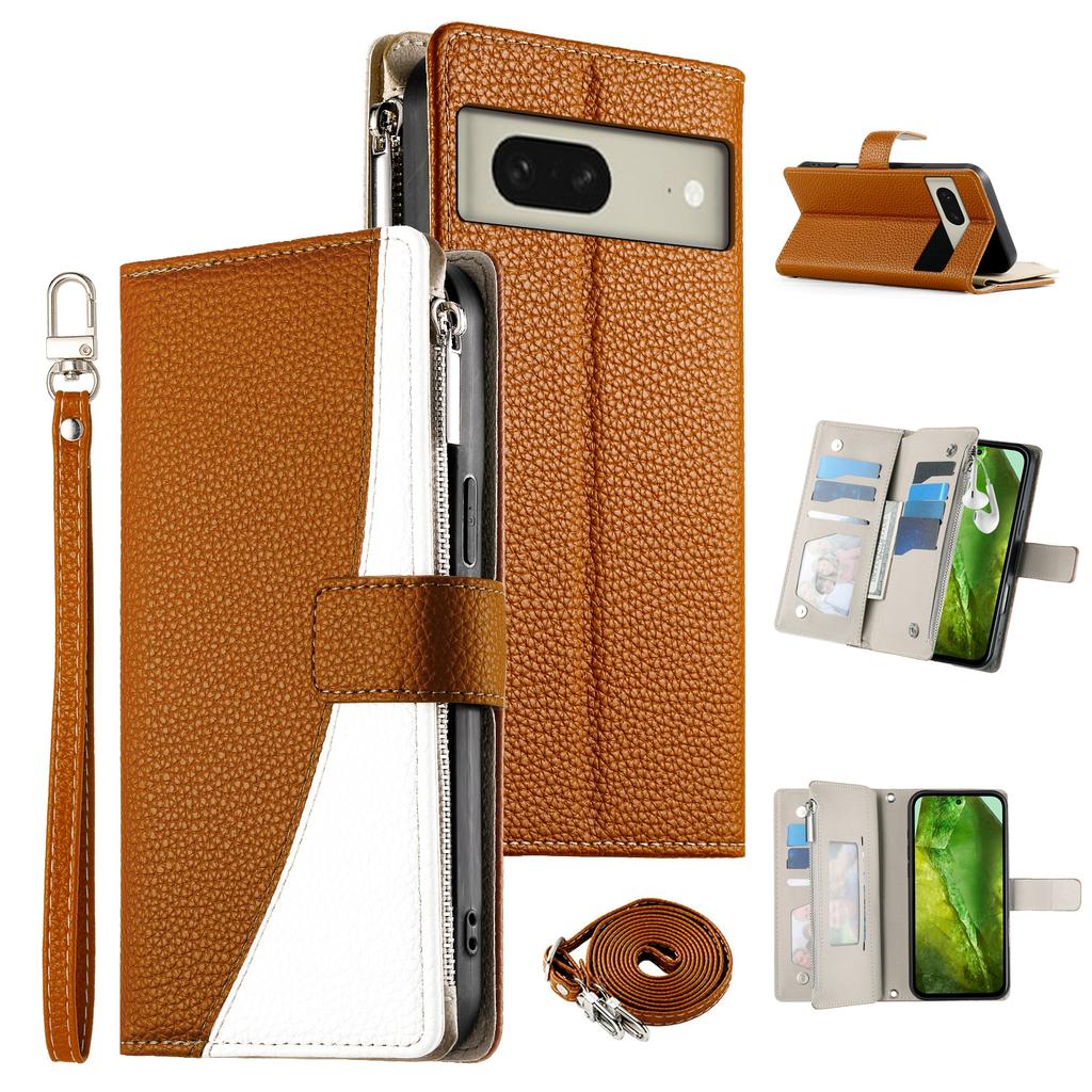 For Google Pixel 8 Case Zipper Wallet Color Splicing Leather Flip Phone Cover with Straps