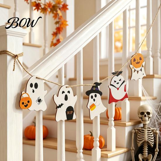 Halloween Party Supplies Ghost Wooden Hanging Sign with Hemp Rope, Cute Decorations Pendants for Home Wall Signs