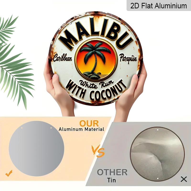 [Tropical Rum Sign]2D Flat, 1pc Tropical Caribbean Rum & Coconut Metal Wall Sign - Round Durable Aluminum Beach Art with Palm Trees & Parrot for Bar