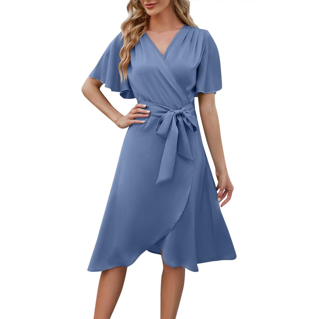 Летнее женское атласное удобное и сексуальное платье с v-образным вырезом и расклешенными рукавами на талии