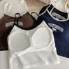 Women With Padded Bra Crop Tops O-neck Solid Crop Tops 2025 Summer Letter Printing Tops Spaghetti Camisole