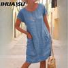 IHUASU Женская мода лето весна однотонный принт О-образный вырез высокая талия повседневные платья