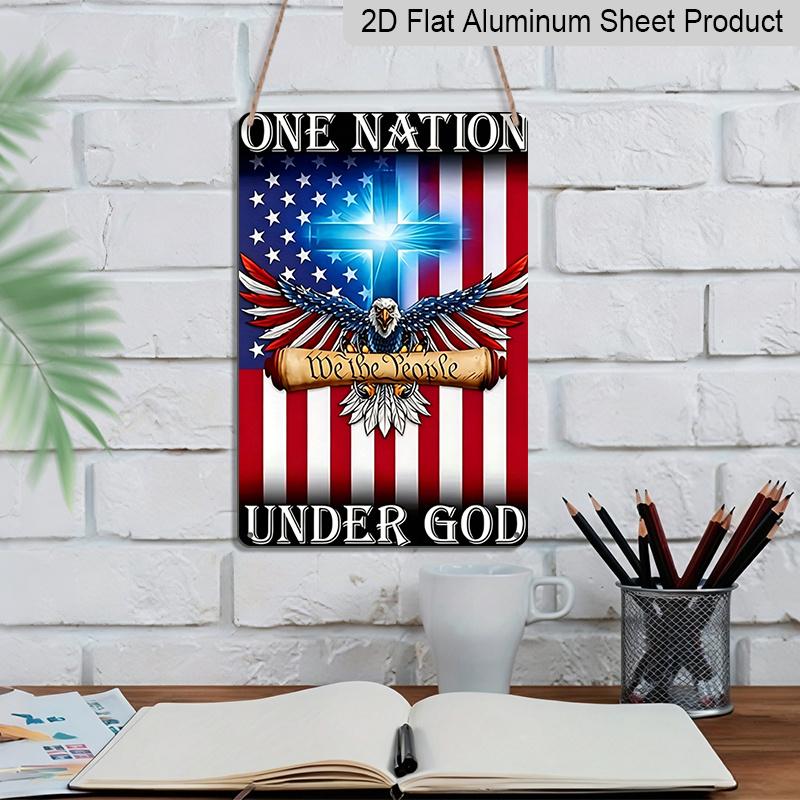 2D Flat "A Country Under God Patriotic Eagle " Metal Sign, 8×12 Inch Aluminum Wall Art, American Flag Design with Cross and Eagle Design, Durable